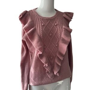 Adrienne Vittadini Pink Crew Neck Sweater with Ruffle Detail
